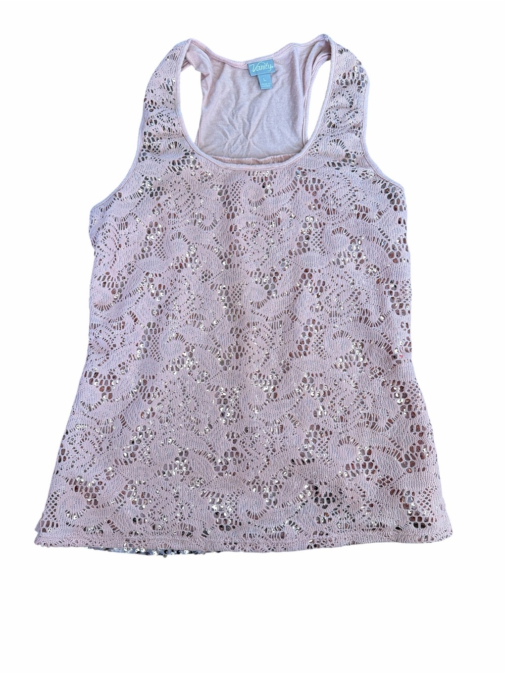 Vanity Lace Sequins Racerback Y2K 2000s Tank Top - Light Pink L